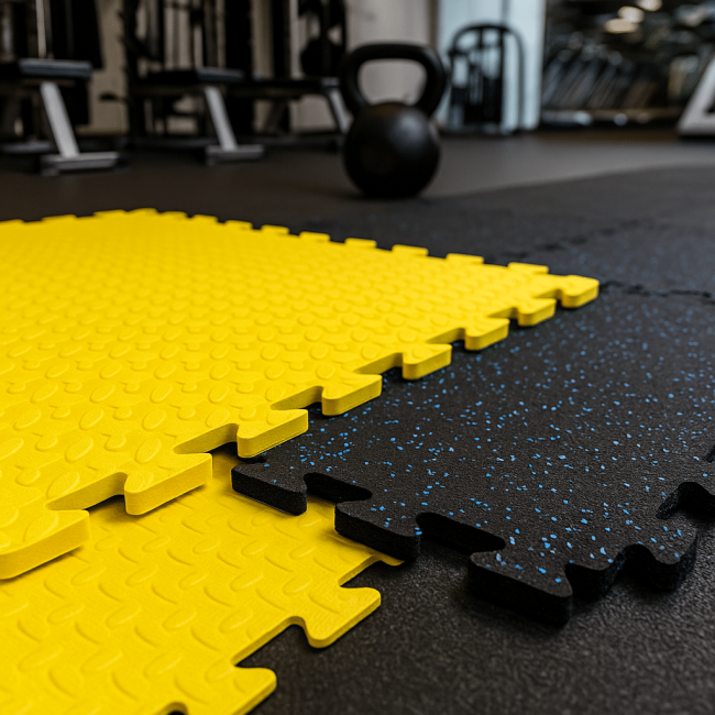 Interlocking floor tiles for gym use: yellow EVA foam tile suited for light exercise, next to a black rubber tile with blue speckles designed for heavy-duty fitness environments.