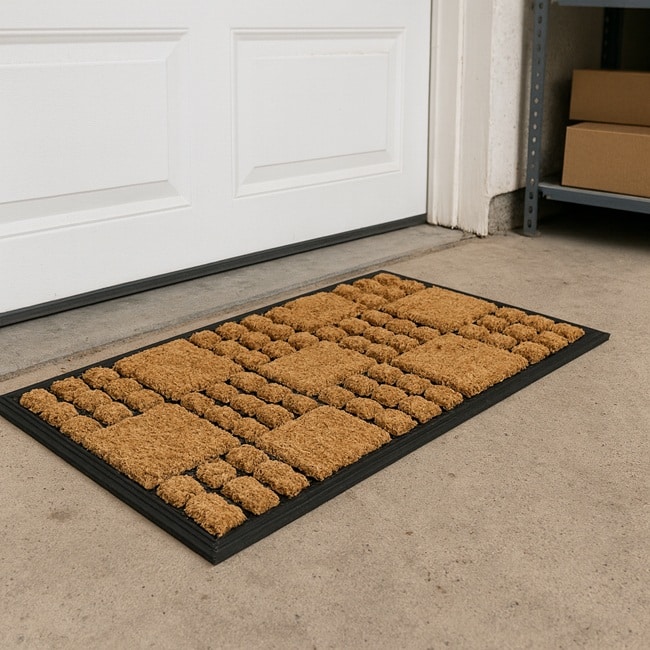 Coir doormat with square and rectangular fiber patterns, framed by a black rubber border, placed inside a garage on a concrete floor in front of a white door.