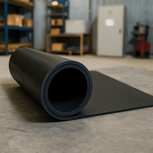 Rolled-up black neoprene rubber sheet on a concrete floor in an industrial warehouse