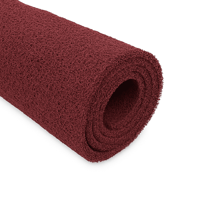 dark red PVC spaghetti mat roll with an open-loop structure and water-draining surface