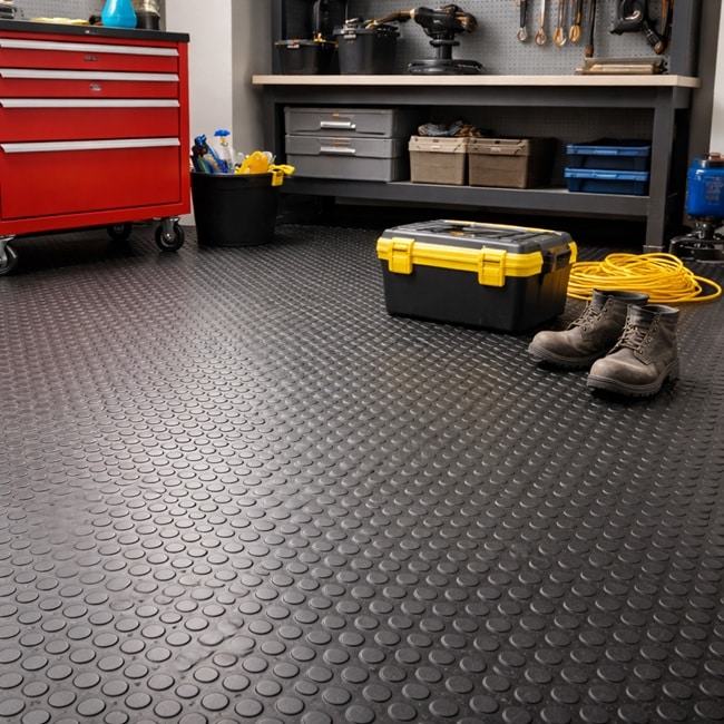 Rubber garage flooring with coin pattern, set in a clean home garage with a workbench, tools, storage box, and work boots