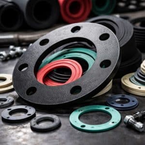 Rubber gaskets and seals made from rubber sheeting on an industrial work surface, used for sealing and equipment protection in industrial applications