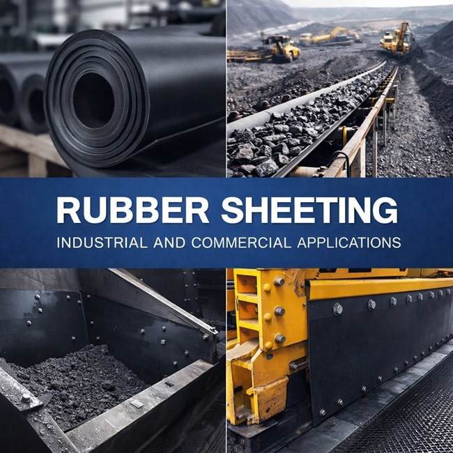 Rubber sheeting used in industrial applications including rolled rubber sheets, conveyor belt systems in mining, chute lining and heavy duty machinery protection