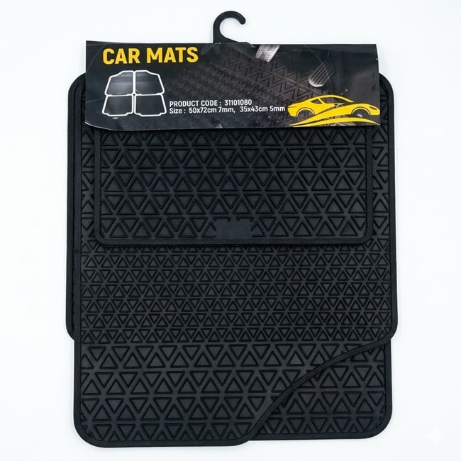 Packaged universal rubber car mat set with anti-slip surface and raised edges for vehicle floor protection