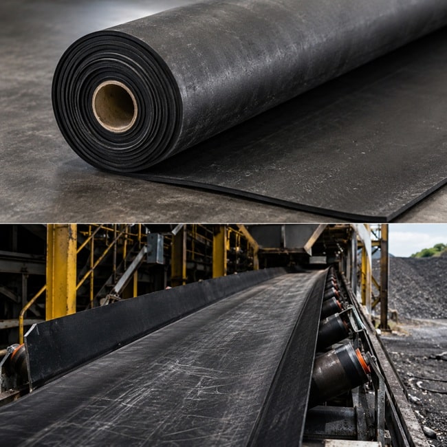 Abrasion resistant rubber sheeting used on industrial conveyor systems for heavy duty wear protection