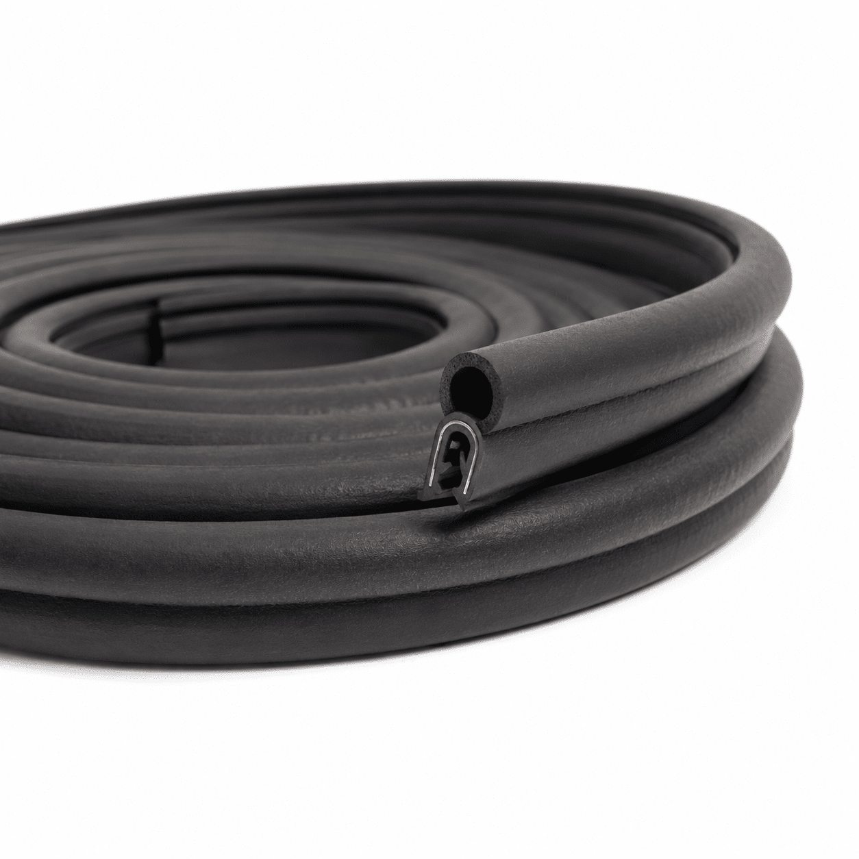 Black top bulb pinchweld seal on roll with steel reinforcement on white background