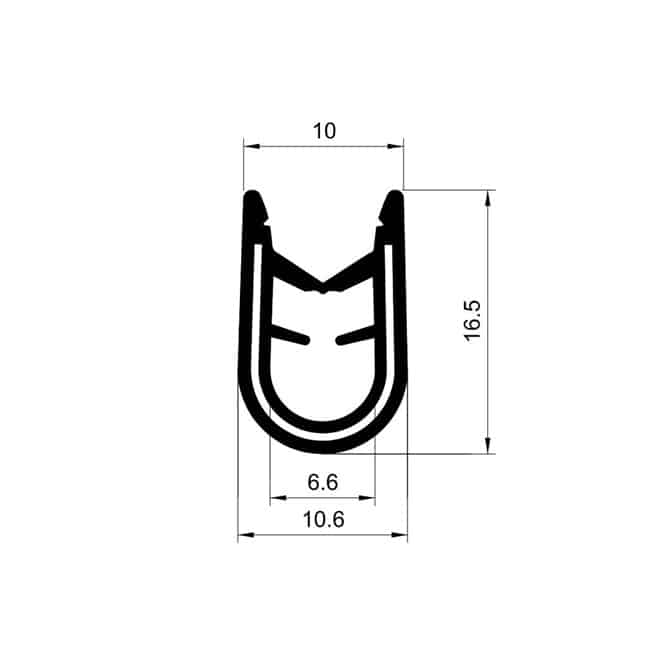 Technical drawing of plain edge trim profile with 10mm width and steel reinforced gripping section