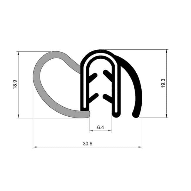 Technical drawing of side bulb pinchweld seal profile with flexible EPDM rubber bulb and steel reinforced gripping section