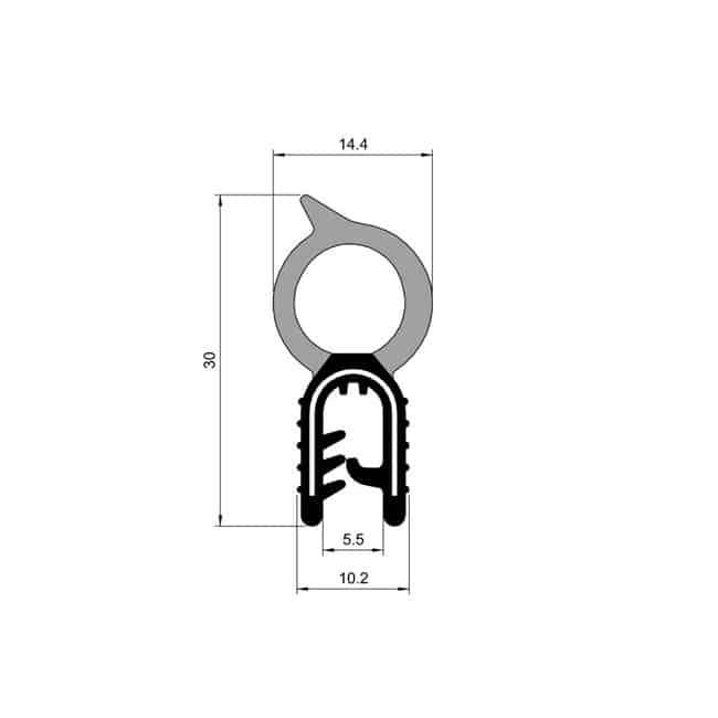 Technical drawing of top bulb pinchweld seal profile with foam rubber bulb and steel reinforced gripping section