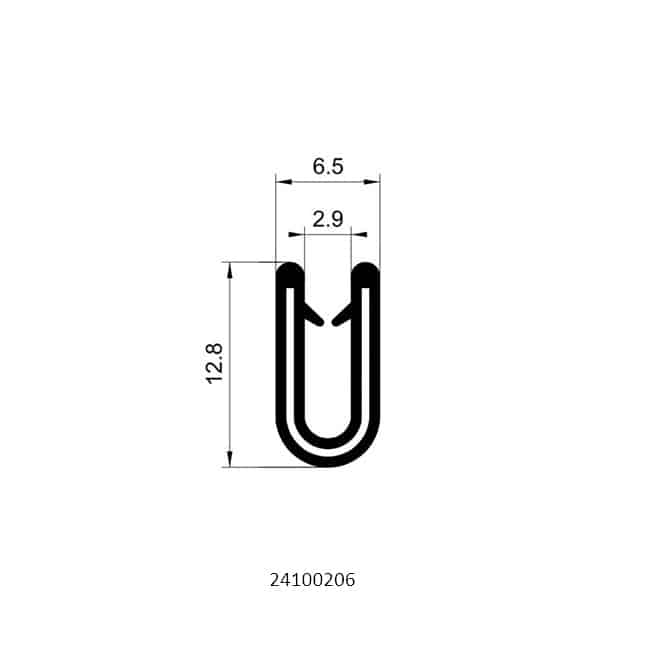 Technical drawing of plain edge trim profile with 6.5mm width and flexible PVC construction