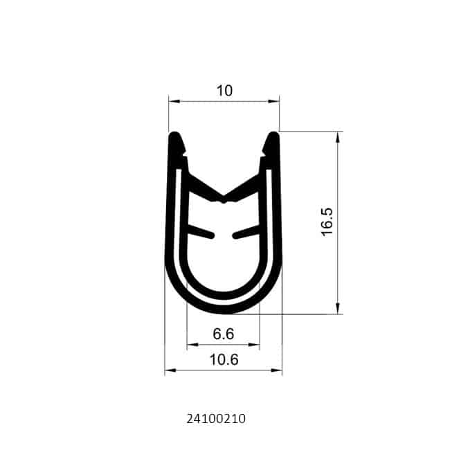 Technical drawing of plain edge trim profile with 10mm width and steel reinforced gripping section