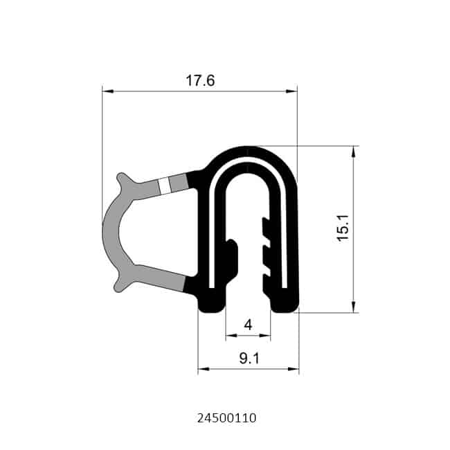 Technical drawing of side bulb pinchweld seal profile with compact foam rubber bulb and steel reinforced gripping section