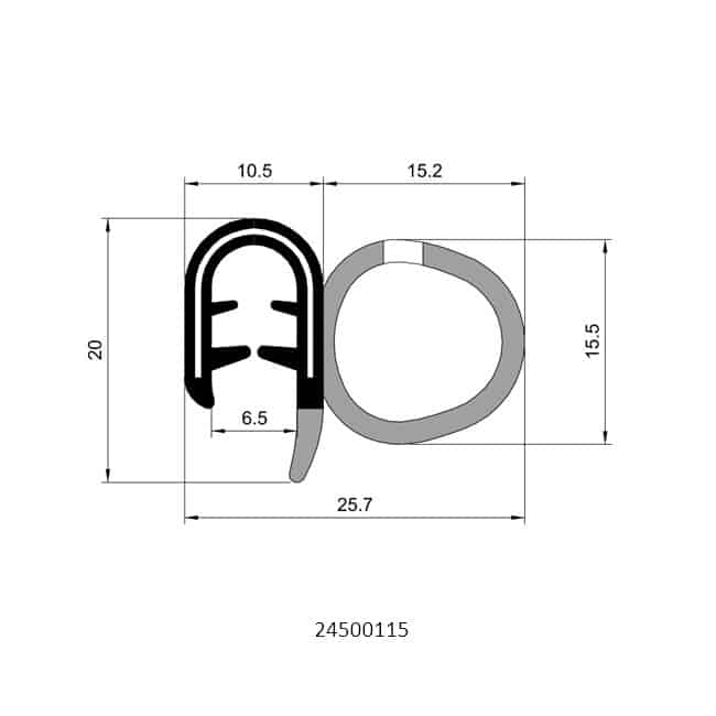 Technical drawing of side bulb pinchweld seal profile with foam rubber side bulb and steel reinforced gripping section