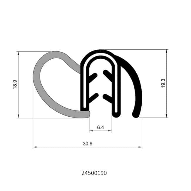 Technical drawing of side bulb pinchweld seal profile with flexible EPDM rubber bulb and steel reinforced gripping section