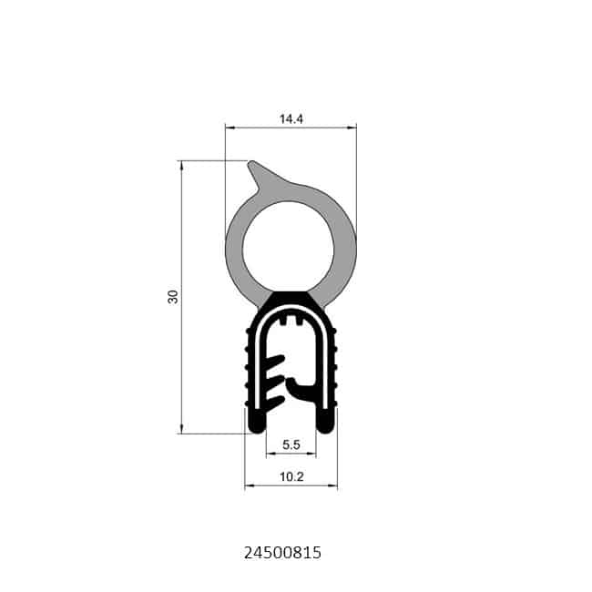 Technical drawing of top bulb pinchweld seal profile with foam rubber bulb and steel reinforced gripping section