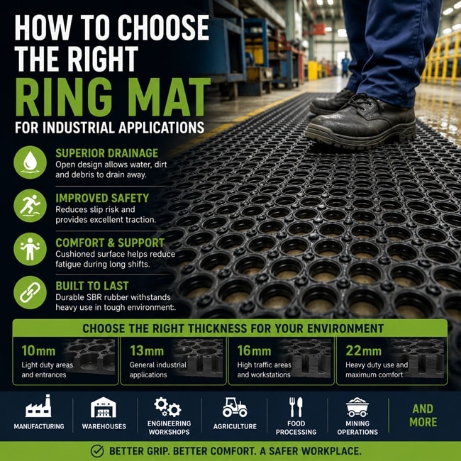 Industrial worker standing on a black SBR rubber ring mat on roll in a factory, demonstrating drainage, slip resistance and workplace safety for industrial applications.