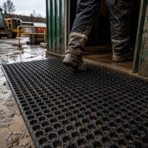 Worker walking across a black SBR rubber ring mat on roll at a muddy industrial worksite, improving slip resistance and allowing mud and water to drain through the open structure.