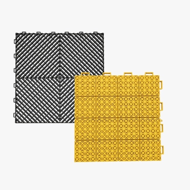 Black garage floor tile and yellow multi-purpose anti-slip floor tile with open interlocking surfaces.