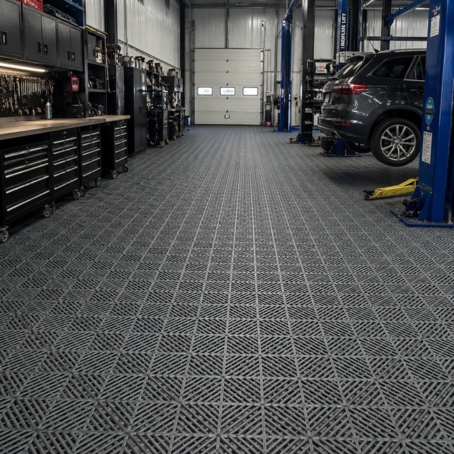 grey garage tile applied on carworkshop floor